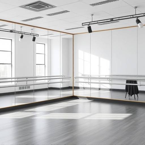 Interieur van de oefenruimte bij Visie & Vertolking, met spiegelwand en ruime vloer.