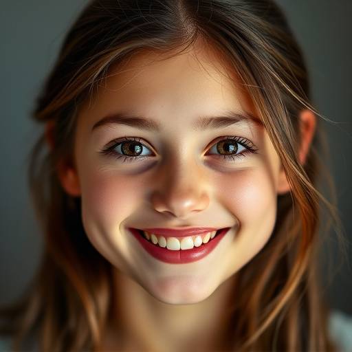 Professionele headshot van een jonge actrice, lachend en met een open blik.